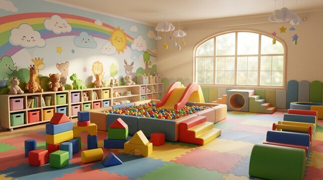 Colorful children&rsquo;s playroom with ball pit, soft play slide, foam blocks, rainbow wall mural and plush toys, bright empty daycare interior