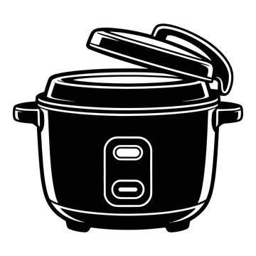 Black rice cooker with open lid is a stark silhouette