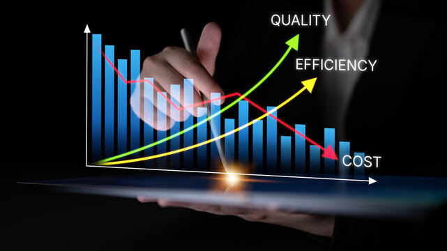 Analysis of Business Metrics with Graphs Illustrating Quality, Efficiency, and Cost Trends by a Professional Hand Using a Tablet Device. Bitwise.