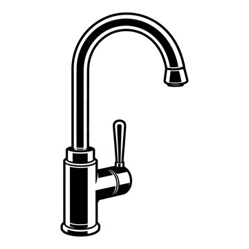 Modern kitchen faucet with curved spout is shown as a silhouette