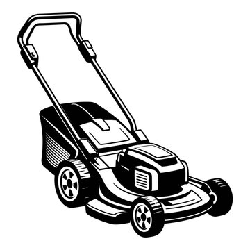 A black silhouette of a push lawn mower rests on a white background silhouette
