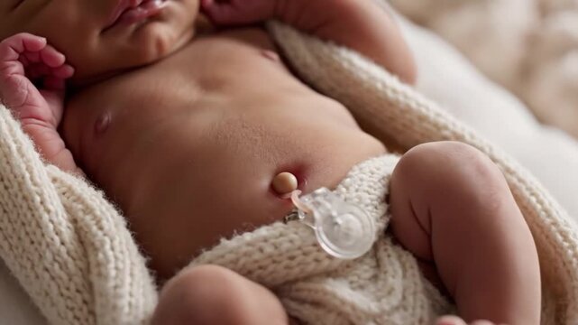 Sleeping newborn baby lies wrapped in cream knitted blanket, with pacifier and relaxed expression. Newborn care presentation highlights delicate skin, curled limbs, and quiet warmth.