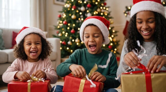 Excited children opening christmas gifts together around a decorated tree