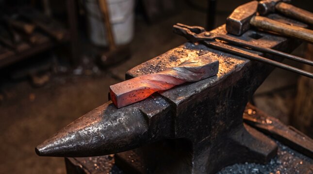 Glowing hot forged steel metal bar resting on heavy blacksmith anvil inside traditional dark workshop interior
