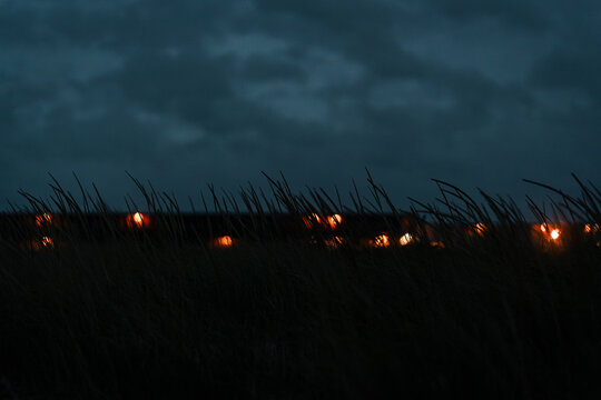 Grass frames distant lights on the New York coast beneath heavy clouds. Dark blades cross the foreground below a teal sky with amber points along the horizon.