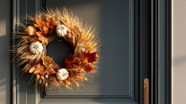 Premium Thanksgiving hospitality background with luxury autumn wreath on modern front door with copy space