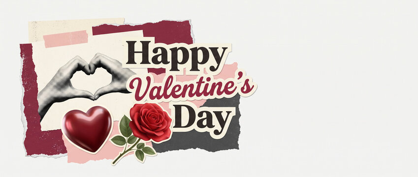 Happy valentine&rsquo;s day Retro pop art collage style horizontal Banner social media cover, website header template with torn paper, a heart, a rose, and hands making a heart shape with empty copyspace