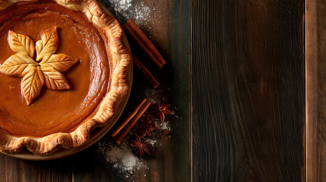 Premium Thanksgiving food background with homemade pumpkin pie and copy space on wooden table