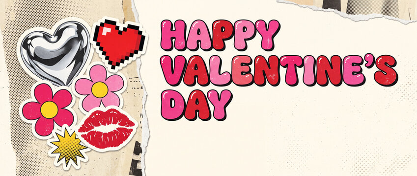 Happy valentine&rsquo;s day modern graphic Retro pop art collage style horizontal Banner social media cover, website header template with romantic hearts and flowers colorful design with empty copyspace