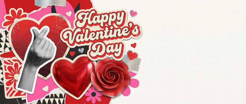 Happy valentine&rsquo;s day Retro pop art collage style horizontal Banner social media cover, website header template with romantic heart, rose, and hand gesture in vintage style paper art with copyspace