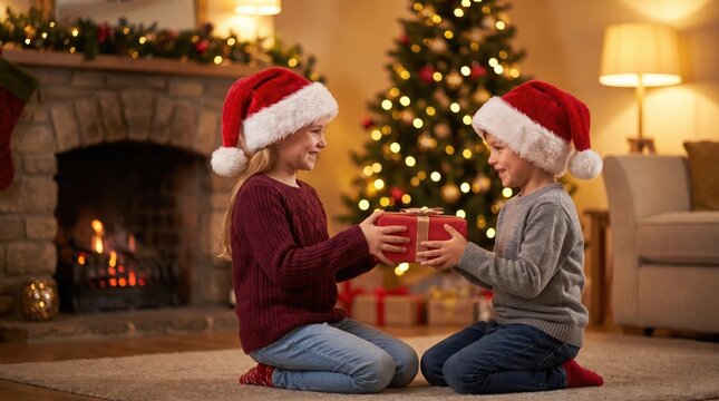 Mother and daughter exchanging gifts in front of a decorated christmas tree by the fireplace