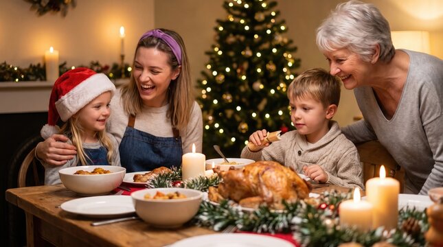 Joyful family gathers around a festive table enjoying a warm christmas dinner together