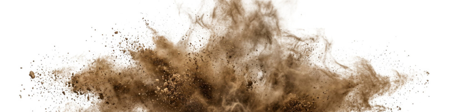 Dirt cloud exploding with motion blur during a dramatic impact against white