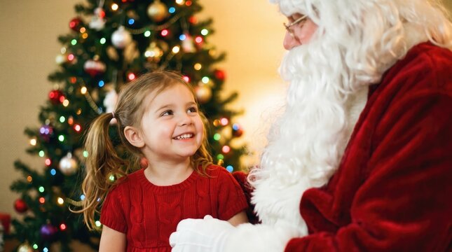 Young girl excitedly receiving a gift from santa claus in front of a christmas tree