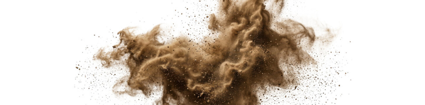 Explosion of brown powder particles in motion against a light backdrop