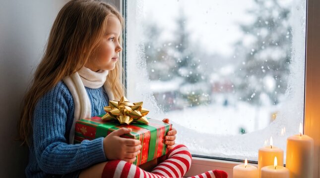Young girl gazes out a window at a snowy landscape holding a small christmas tree