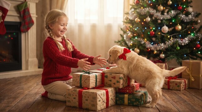 Young girl opening christmas gifts with a golden retriever puppy by the tree