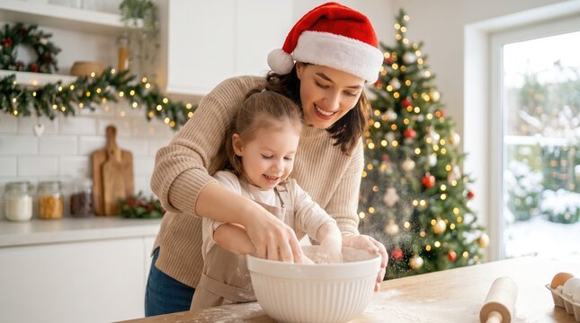 Mother and daughter baking christmas cookies together in a bright kitchen