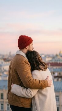 Couple embracing while looking at a city view during a beautiful sunset
