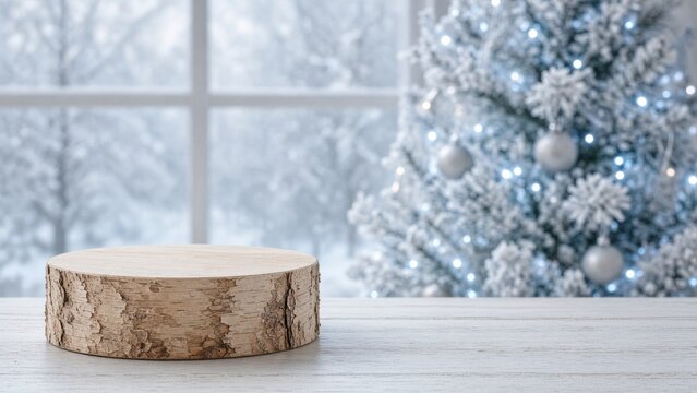 Natural birch wood slice on a white wooden table with a snowy winter window and frosted Christmas tree decorated with silver ornaments, cool daylight, minimalist festive product display with copy spac