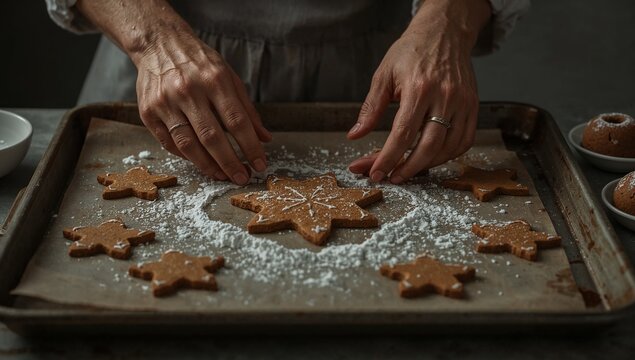 A person baking ginger cookies on a sheet