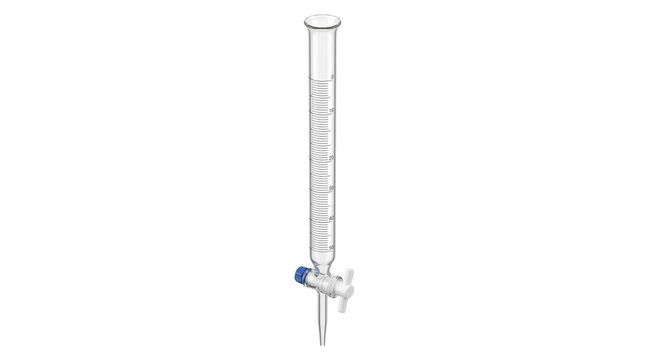 Laboratory burette glass tube with stopcock, glass graduated buret for chemistry liquid titration, lab measurement equipment isolated PNG with Transparent Background