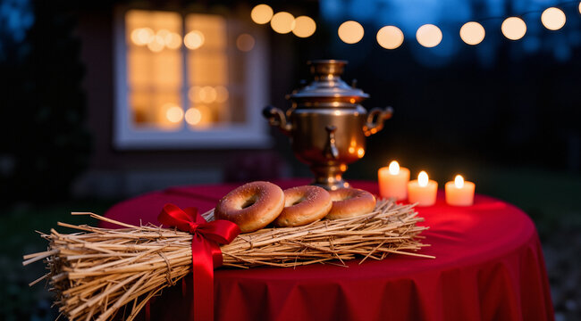 Romantic moody photography of a festive outdoor table with a straw centerpiece, bagels, candles, and a samovar at night. Illuminated window background.
