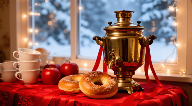 Nostalgic cozy still life of a vintage brass samovar with red ribbons and bagels. Red tablecloth with apples and cups. Snowy window background.
