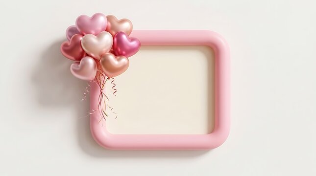 A beautiful pink square frame decorated with heart shaped balloons for a romantic valentine's day celebration background