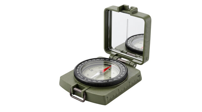 Military sighting compass with mirror lid, olive green magnetic navigation compass, outdoor survival orienteering gear isolated PNG with Transparent Background