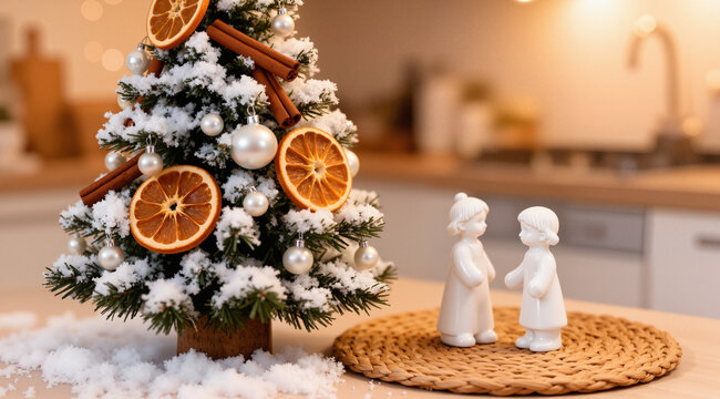 Whimsical detailed illustration of a snow-flocked mini Christmas tree with dried oranges, cinnamon, and pearls. Cozy kitchen background. Holiday decor.
