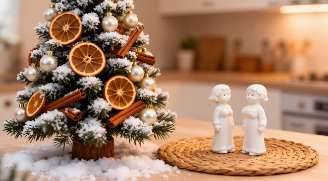 Whimsical detailed illustration of a snow-flocked mini Christmas tree with dried oranges, cinnamon, and pearls. Cozy kitchen background. Holiday decor.

