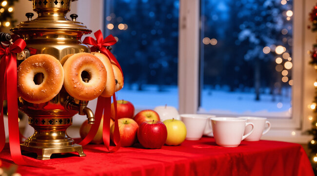 Festive vibrant photography of a table setting with a traditional samovar, bagels, red ribbons, apples, and white cups. Snowy evening background.
