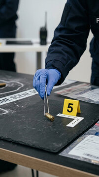 Forensic Investigator Collecting Bullet Casing at Crime Scene Evidence Table