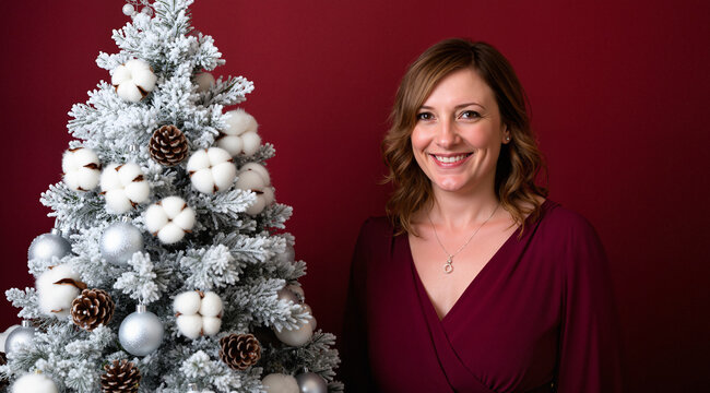 Candid portrait of a woman smiling next to a snow-flocked mini tree with cotton, silver baubles, and pinecones. Dark red background. Holiday joy.
