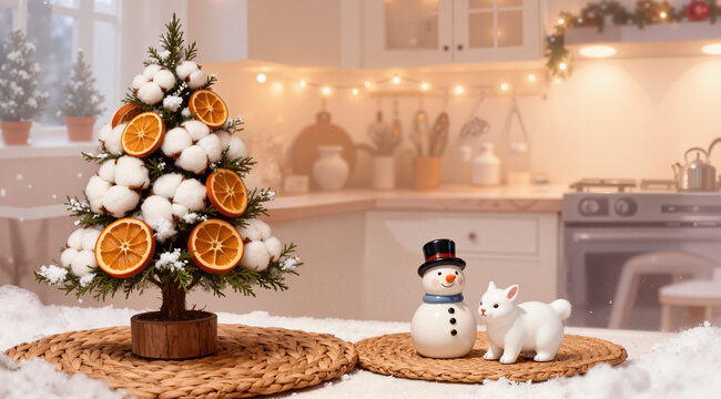 Whimsical charming illustration of a winter scene with a decorated mini tree, ceramic snowman, and animal figurine. Cozy kitchen background. Holiday decor.
