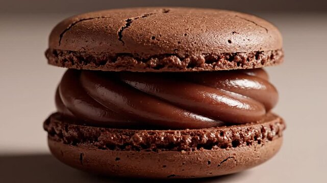 Close up view of a rich chocolate macaron with a swirl of decadent chocolate cream, gourmet dessert