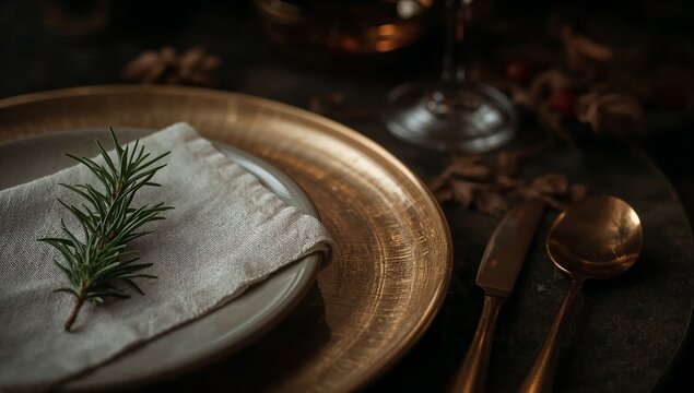 A simple table setting with a plate, napkin, and sprig of rosemary