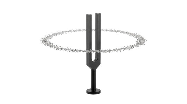 Acoustic black tuning fork with sound wave vibration ring, musical pitch resonance frequency, sound therapy equipment for acoustic research isolated PNG with Transparent Background