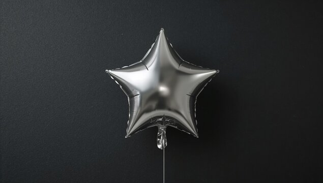 A silver star shaped balloon attached to a black wall