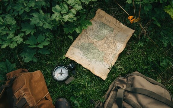 An outdoor scene features adventure gear scattered on the grass, a vintage map and compass suggest exploration, with backpacks indicating a journey, adventure, or outdoor vacation
