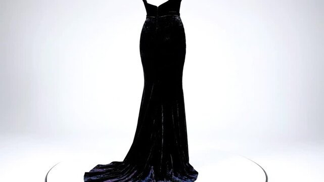Elegant Black Velvet Evening Gown with a Fishtail Train on a Rotating Pedestal for Fashion Editorial