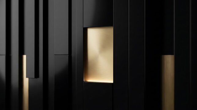 Abstract geometric wall paneling featuring black vertical slats combined with brushed gold inserts.