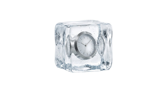 Frozen watch inside transparent ice cube, silver wristwatch frozen in clear ice block, time frozen metaphor for deadline and urgency concept isolated PNG with Transparent Background