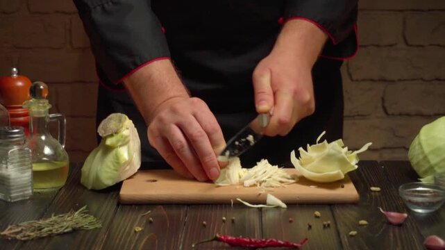 Cook slicing white cabbage with a kitchen knife on a wooden cutting board surrounded by garlic, herbs, spices, oil bottles, and fresh vegetables in a rustic kitchen