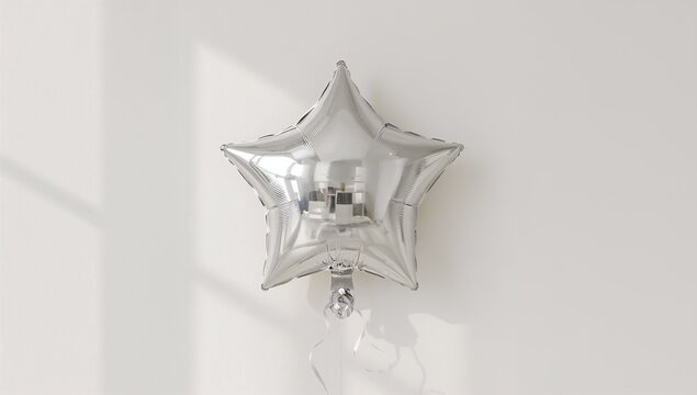 A silver star shaped balloon tied to a wall, perfect for parties, events and decorations