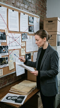 Detective analyzing evidence on a corkboard connecting clues with red string close up shot of a crime scene investigation
