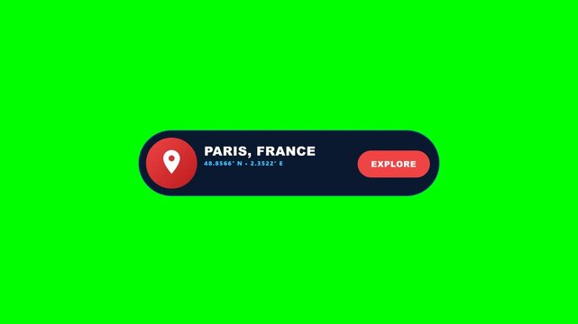 High contrast 4K animated travel location pin geo-tag lower third badge featuring a pulsing GPS map marker icon, destination city coordinates, and clean modern typography on solid green screen