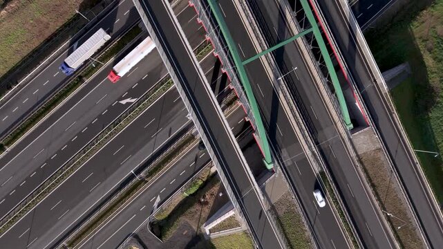 Aerial top down view of highway interchange traffic