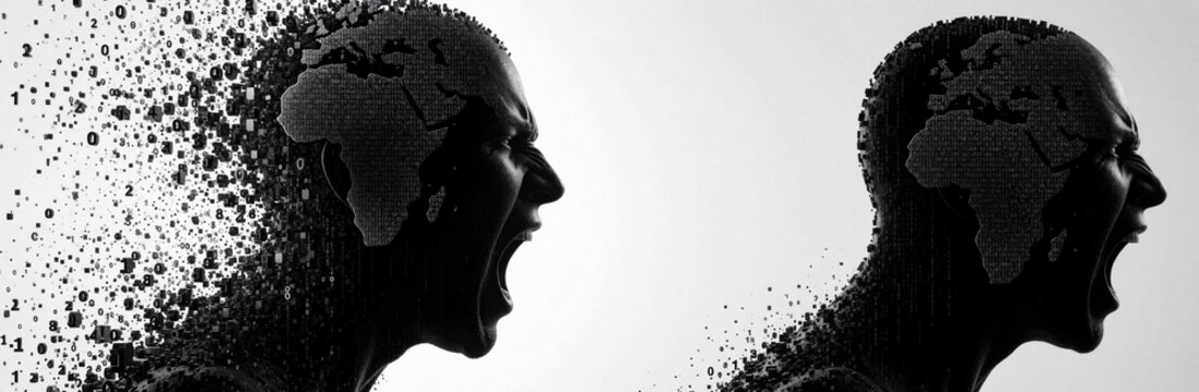 Black silhouette of shouting man head dissolving into binary code data. Digital profile of human face with world map pattern inside. Abstract concept of data explosion, cyber identity, digital